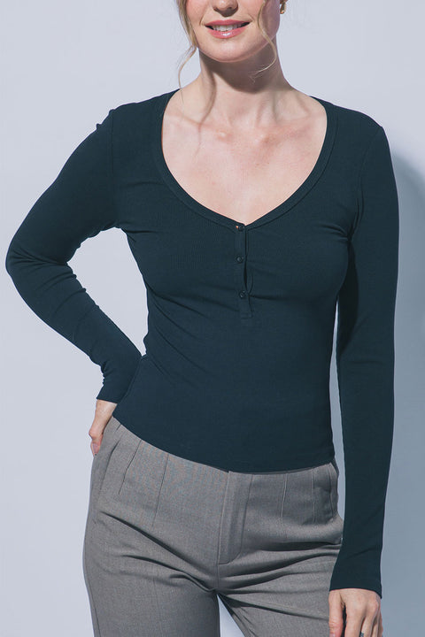 Scoop Neck Long-Sleeve Henley Rib Knit Top
