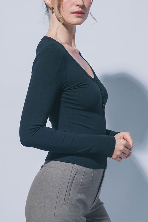 Scoop Neck Long-Sleeve Henley Rib Knit Top