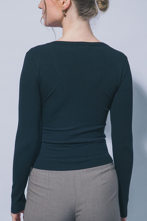 Scoop Neck Long-Sleeve Henley Rib Knit Top