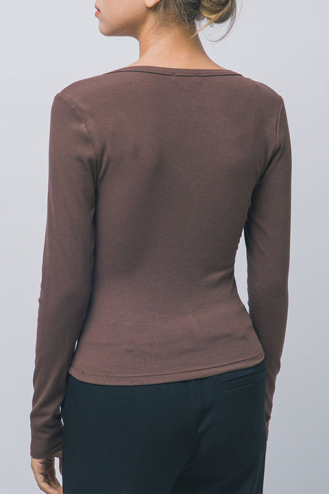 Scoop Neck Long-Sleeve Henley Rib Knit Top