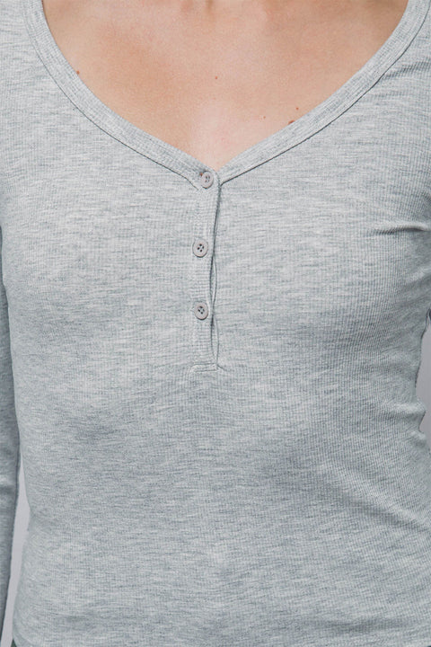 Scoop Neck Long-Sleeve Henley Rib Knit Top