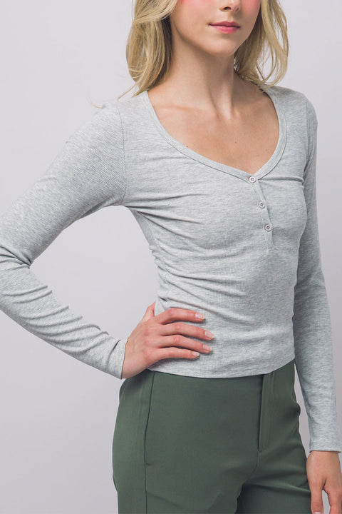 Scoop Neck Long-Sleeve Henley Rib Knit Top