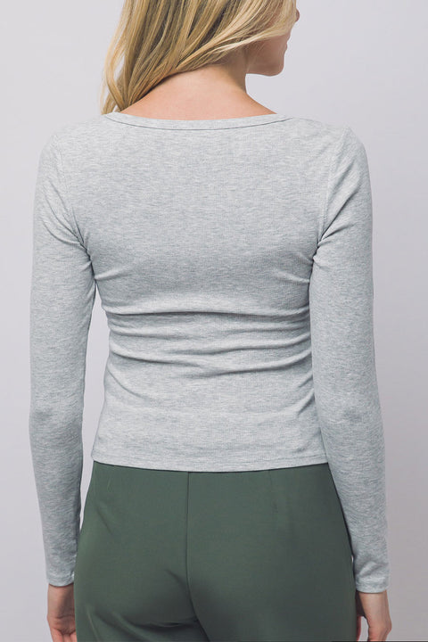 Scoop Neck Long-Sleeve Henley Rib Knit Top