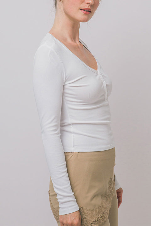 Scoop Neck Long-Sleeve Henley Rib Knit Top