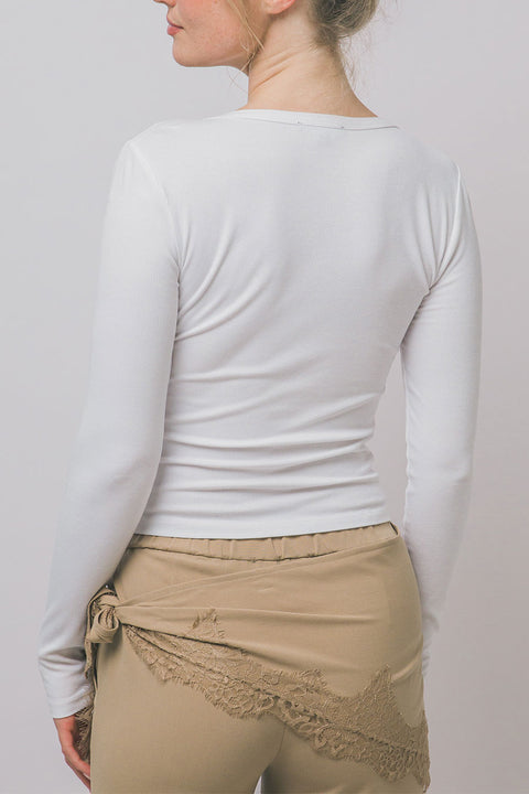 Scoop Neck Long-Sleeve Henley Rib Knit Top