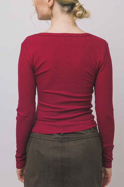 Scoop Neck Long-Sleeve Henley Rib Knit Top