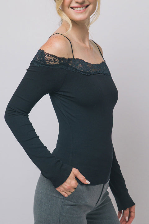 Lace-Trim Off-The-Shoulder Long-Sleeve Rib Knit Top
