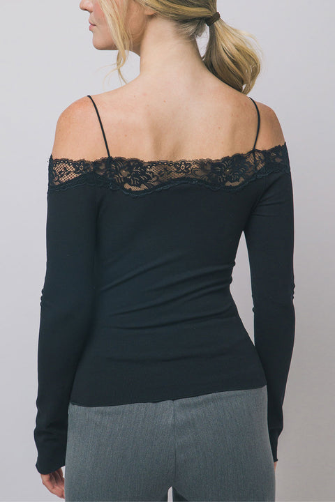 Lace-Trim Off-The-Shoulder Long-Sleeve Rib Knit Top
