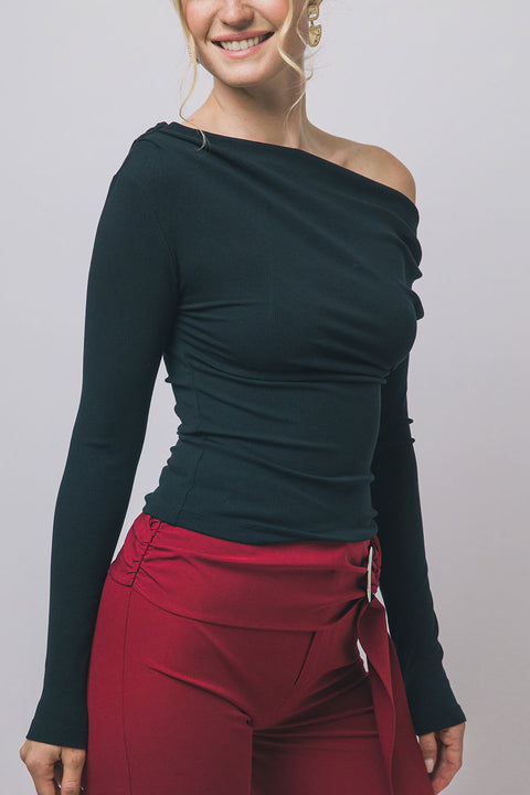 Asymmetrical Off-The-Shoulder Long-Sleeve Rib Knit Top