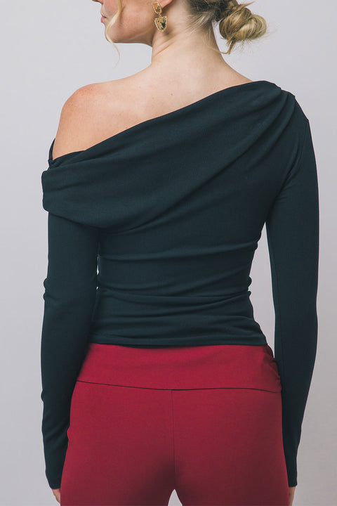 Asymmetrical Off-The-Shoulder Long-Sleeve Rib Knit Top
