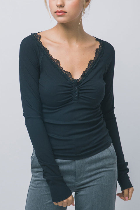 Lace-Trim Ribbed Henley Long-Sleeve Rib Knit Top