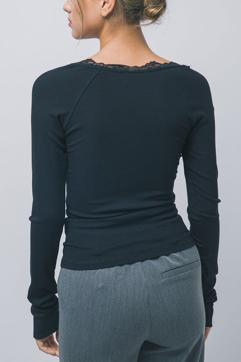 Lace-Trim Ribbed Henley Long-Sleeve Rib Knit Top
