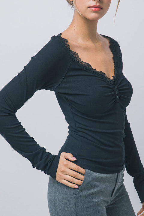 Lace-Trim Ribbed Henley Long-Sleeve Rib Knit Top