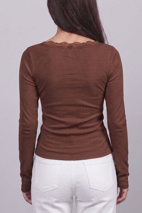 Lace-Trim Ribbed Henley Long-Sleeve Rib Knit Top