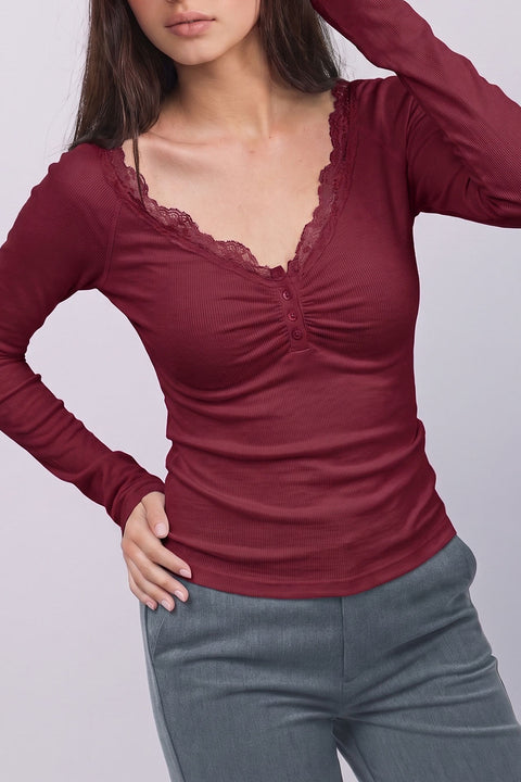 Lace-Trim Ribbed Henley Long-Sleeve Rib Knit Top