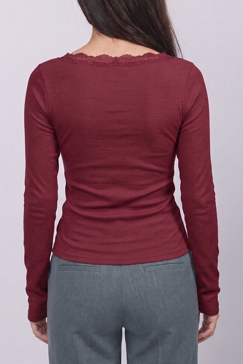 Lace-Trim Ribbed Henley Long-Sleeve Rib Knit Top