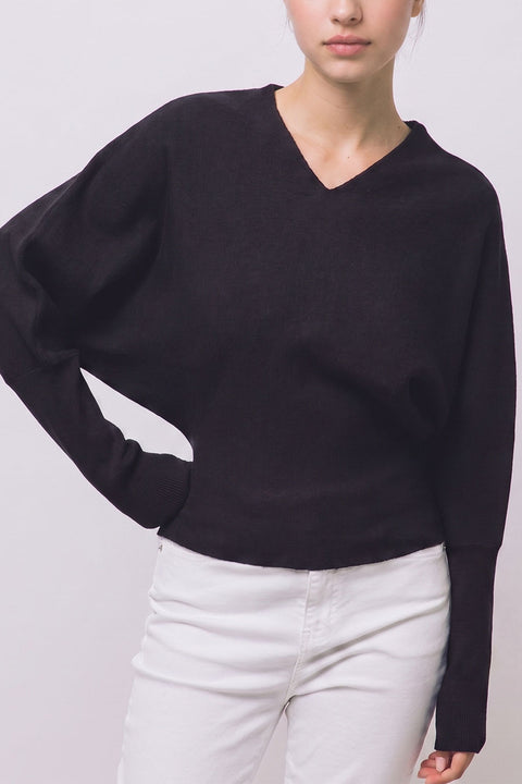 Dolman-Sleeve V-Neck Blouson Sweater