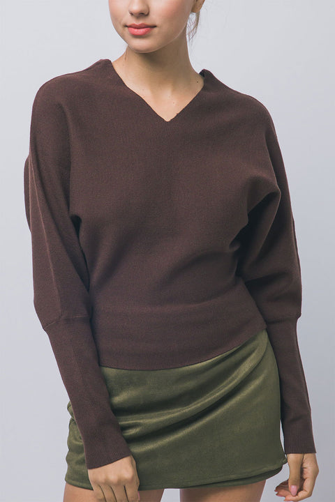 Dolman-Sleeve V-Neck Blouson Sweater