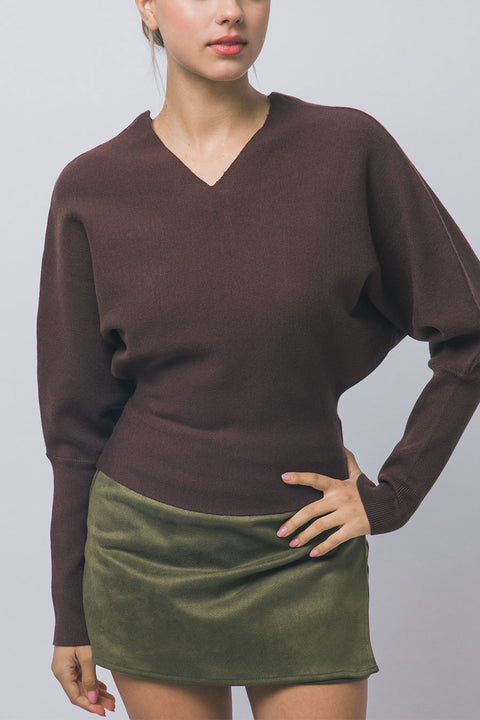 Dolman-Sleeve V-Neck Blouson Sweater