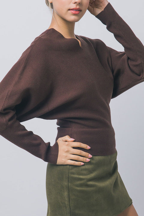 Dolman-Sleeve V-Neck Blouson Sweater
