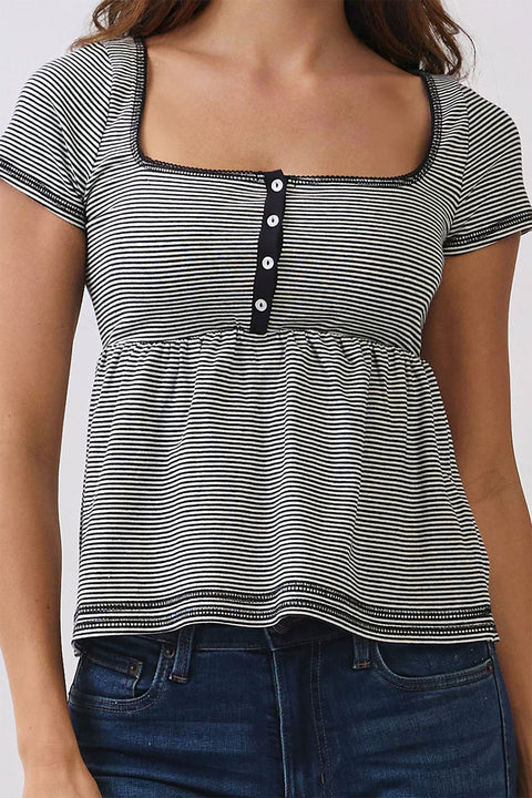 2000s Essential Stripe Square Neck Henley Babydoll Tee