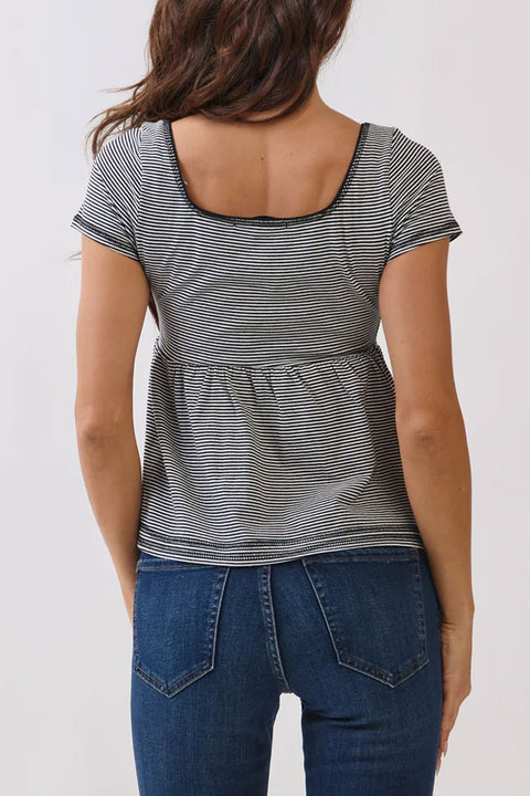 2000s Essential Stripe Square Neck Henley Babydoll Tee