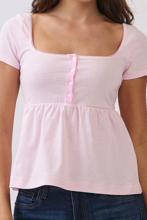 2000s Essential Stripe Square Neck Henley Babydoll Tee