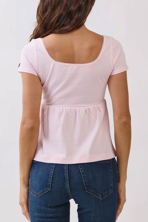 2000s Essential Stripe Square Neck Henley Babydoll Tee