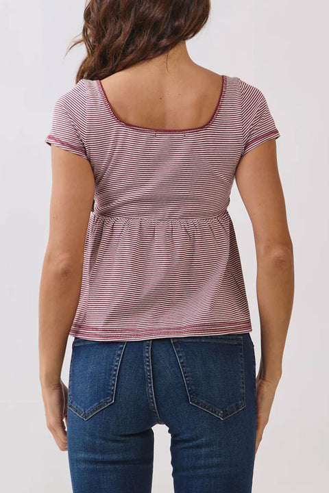 2000s Essential Stripe Square Neck Henley Babydoll Tee