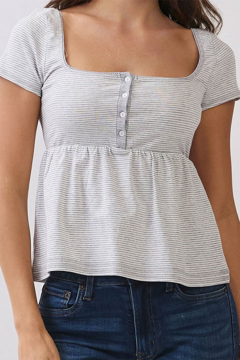 2000s Essential Stripe Square Neck Henley Babydoll Tee