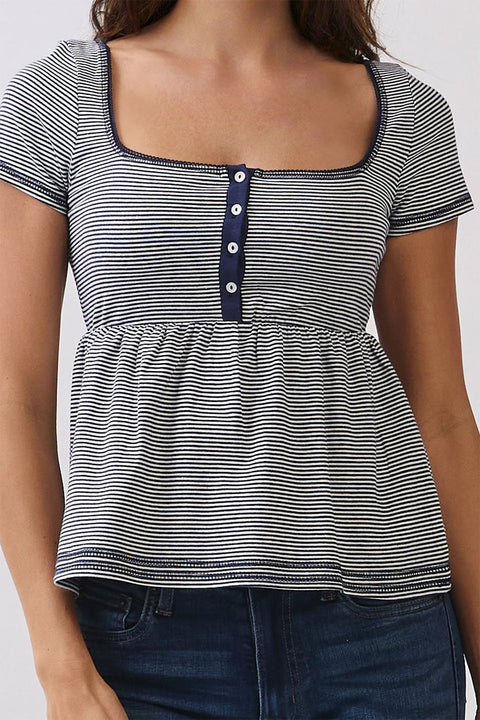 2000s Essential Stripe Square Neck Henley Babydoll Tee