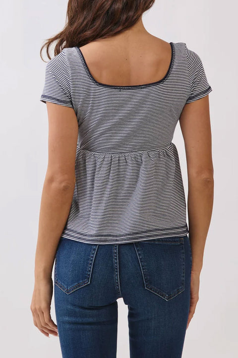 2000s Essential Stripe Square Neck Henley Babydoll Tee