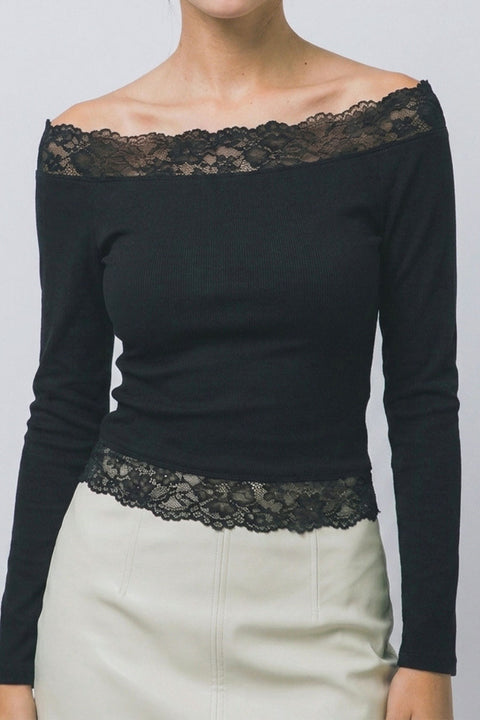 Dual Lace-Trim Off-The-Shoulder Long-Sleeve Rib Knit Top