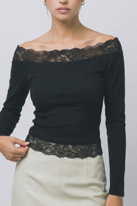 Dual Lace-Trim Off-The-Shoulder Long-Sleeve Rib Knit Top