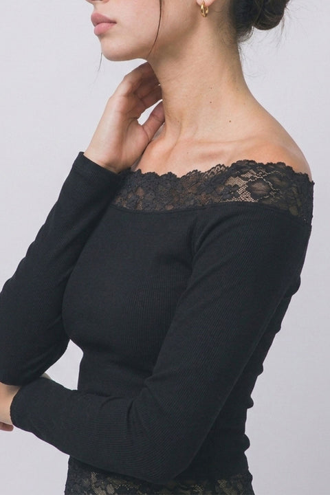 Dual Lace-Trim Off-The-Shoulder Long-Sleeve Rib Knit Top