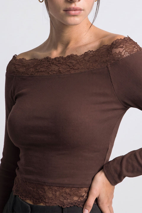 Dual Lace-Trim Off-The-Shoulder Long-Sleeve Rib Knit Top