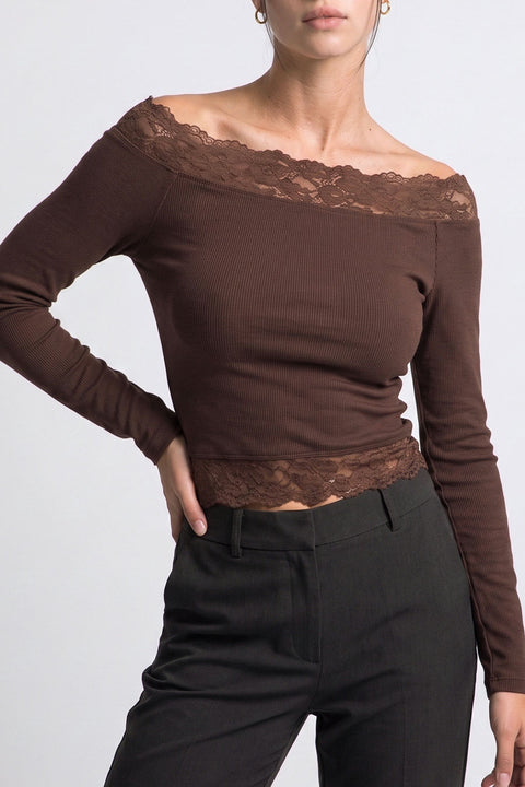 Dual Lace-Trim Off-The-Shoulder Long-Sleeve Rib Knit Top