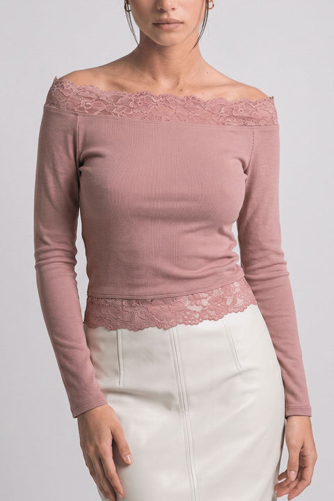 Dual Lace-Trim Off-The-Shoulder Long-Sleeve Rib Knit Top