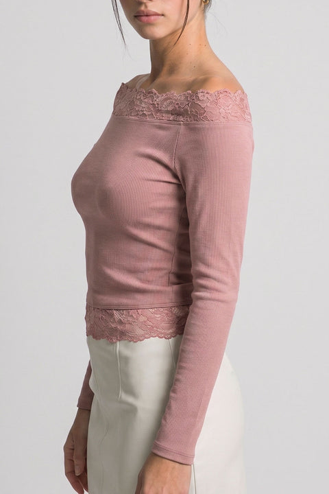 Dual Lace-Trim Off-The-Shoulder Long-Sleeve Rib Knit Top