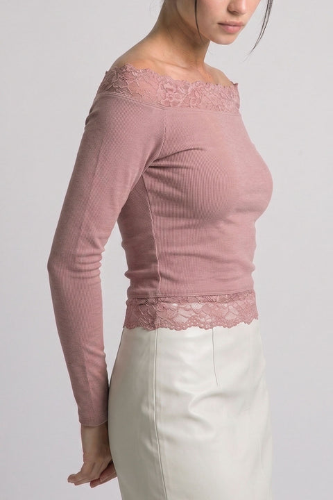 Dual Lace-Trim Off-The-Shoulder Long-Sleeve Rib Knit Top