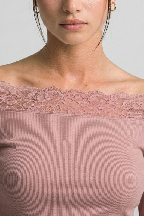 Dual Lace-Trim Off-The-Shoulder Long-Sleeve Rib Knit Top