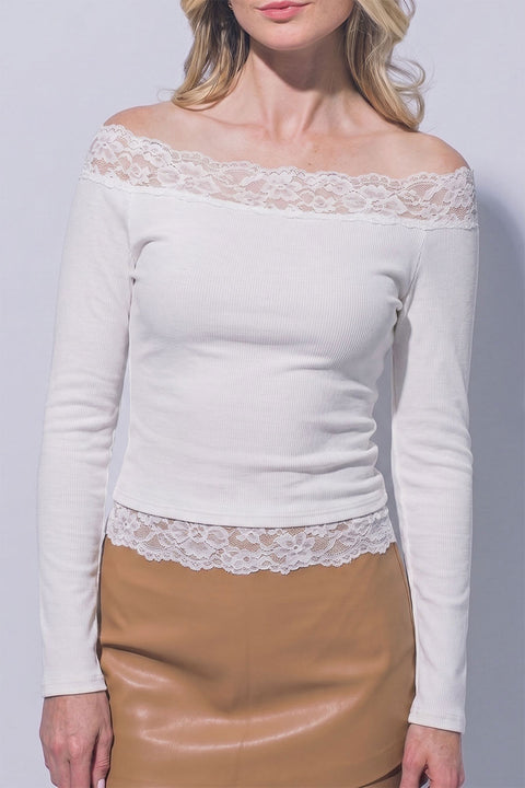 Dual Lace-Trim Off-The-Shoulder Long-Sleeve Rib Knit Top