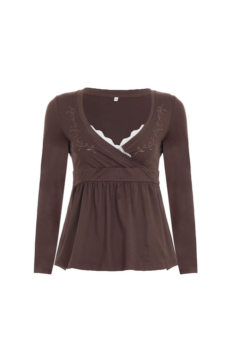 2000s Chocolate Brown Embroidered Faux Layer Surplice V-Neck Babydoll Top