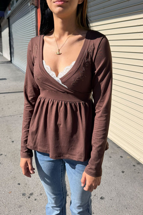2000s Chocolate Brown Embroidered Faux Layer Surplice V-Neck Babydoll Top