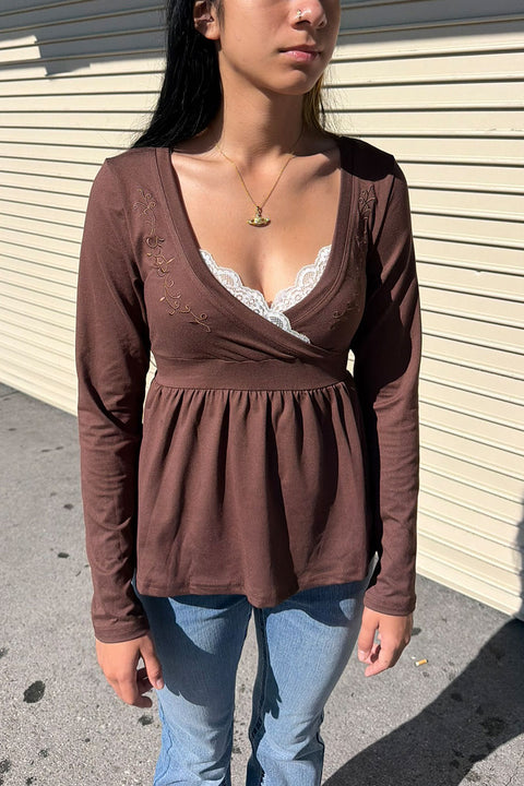 2000s Chocolate Brown Embroidered Faux Layer Surplice V-Neck Babydoll Top