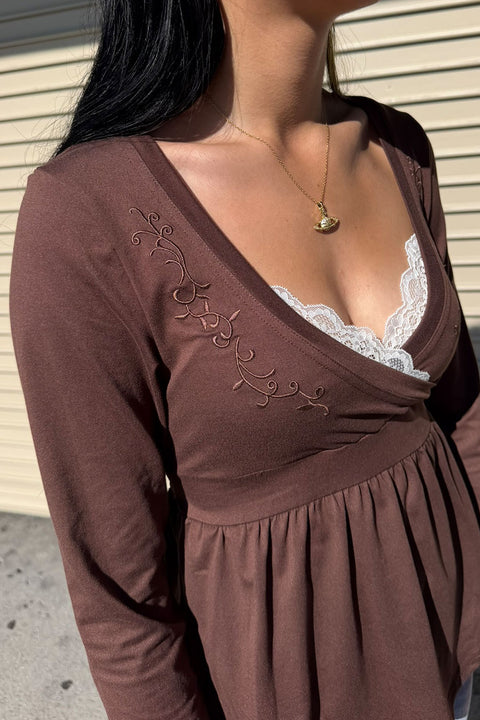2000s Chocolate Brown Embroidered Faux Layer Surplice V-Neck Babydoll Top