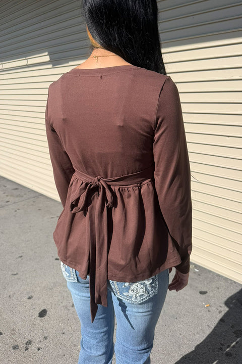 2000s Chocolate Brown Embroidered Faux Layer Surplice V-Neck Babydoll Top