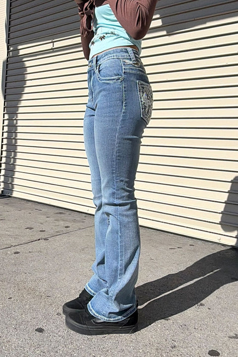 2000s Style Flower & Butterfly Rhinestone Bling Back Pocket & Waist Yoke Bootcut Jean with Good Stretch