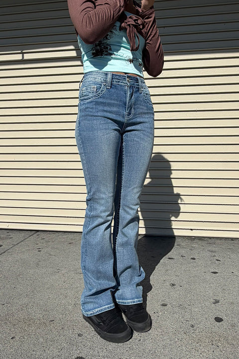 2000s Style Flower & Butterfly Rhinestone Bling Back Pocket & Waist Yoke Bootcut Jean with Good Stretch
