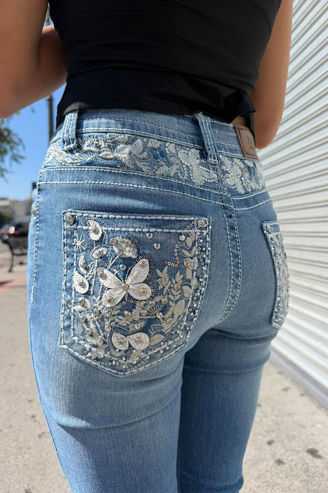 2000s Style Ditsy Floral & Butterfly Rhinestone Bling Back Pocket & Waist Embroidered Yoke Bootcut Jean with Good Stretch